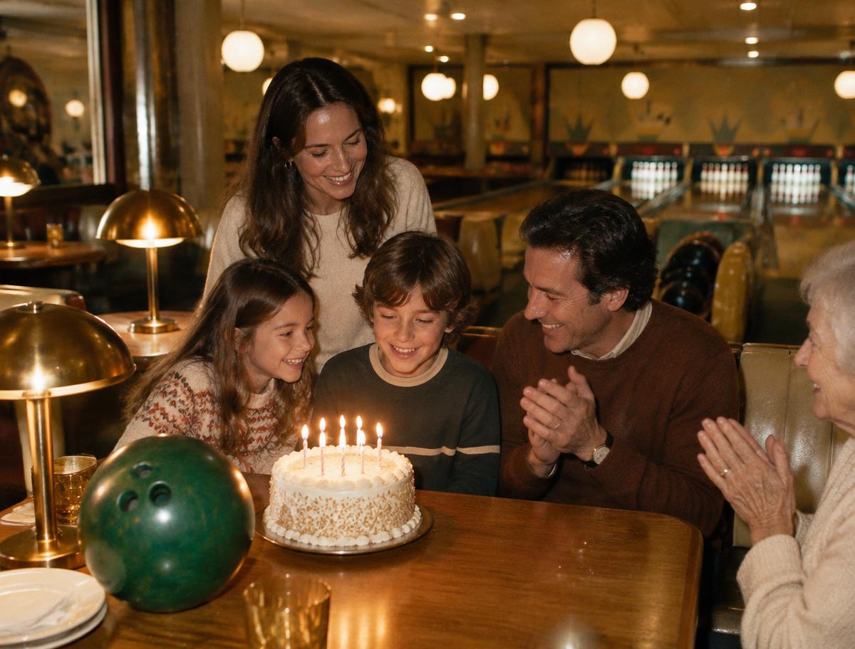 Familia celebrando un cumpleaños en el boliche