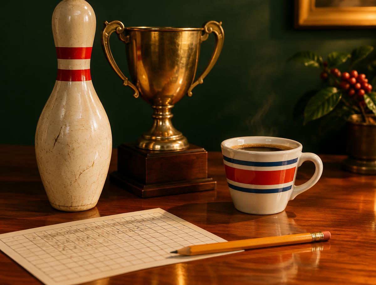 Pino, trofeo de latón y café sobre madera